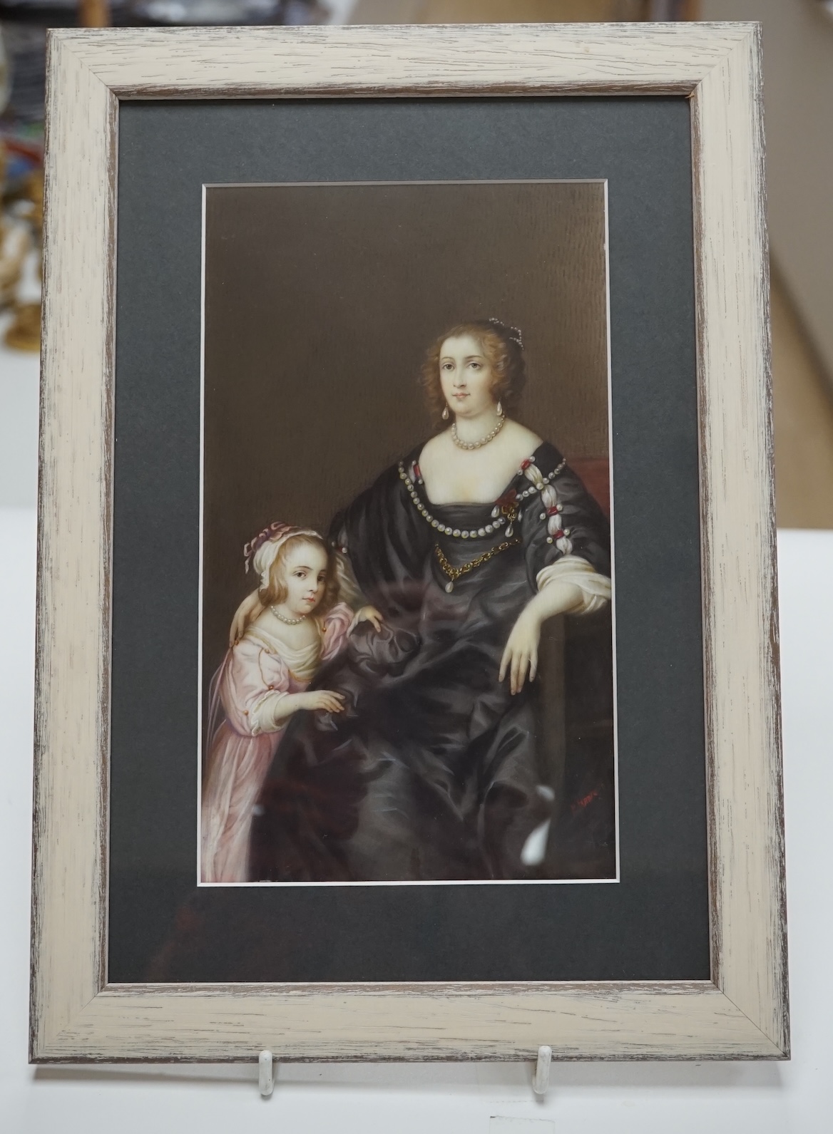 A 19th century portrait miniature on ivory of a 17th century woman and child, indistinctly signed lower right 21 x 12cm. CITES submission reference 1PAXBF68. Condition - good
